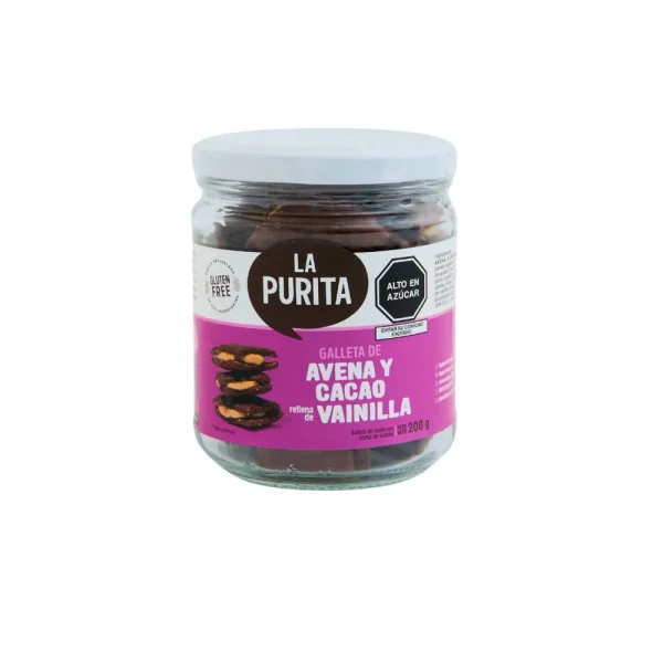 GALLETA AVENA, CACAO Y VAINILLA RELLENA DE MANI 200 GR LA PURITA